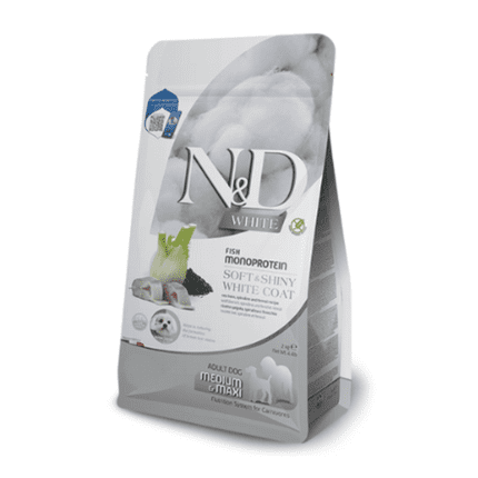 Farmina N&D Quinoa White Coat Adult Medium/Maxi Sea Bass, Spirulina & Fennel беззерновой сухой корм для взрослых собак средних и крупных пород с белой шерстью, 7 кг